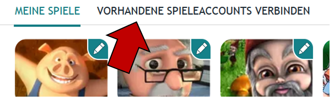 Auswahl in "Meine Spiele", Pfeil zeigt auf Tab, der zur Verknüpfung vorhandener Accounts führt