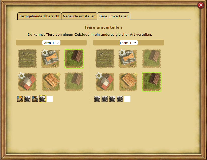 Popup zur Tierumverteilung, Auswahl der Farm des Gebäudes und der Tiere, die gewechselt werden sollen